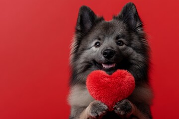 Advertising creative art. Cute keeshond canine with fluffy red heart - emblem of love, funny greeting card. Keeshond - my desired dog. Love and devotion. Red hearts and pets. Valentine's dog.