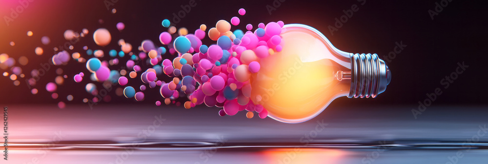 Poster a playful scene in which the bulbâ€™s glow merges into a burst of liquid colors, each droplet