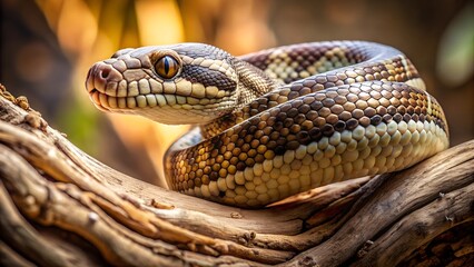 Fototapeta premium Coiled Python Resting on Driftwood