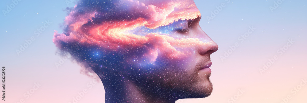 Poster A dynamic close-up of a face profile with starlit clouds spiraling inward at the temple, fading