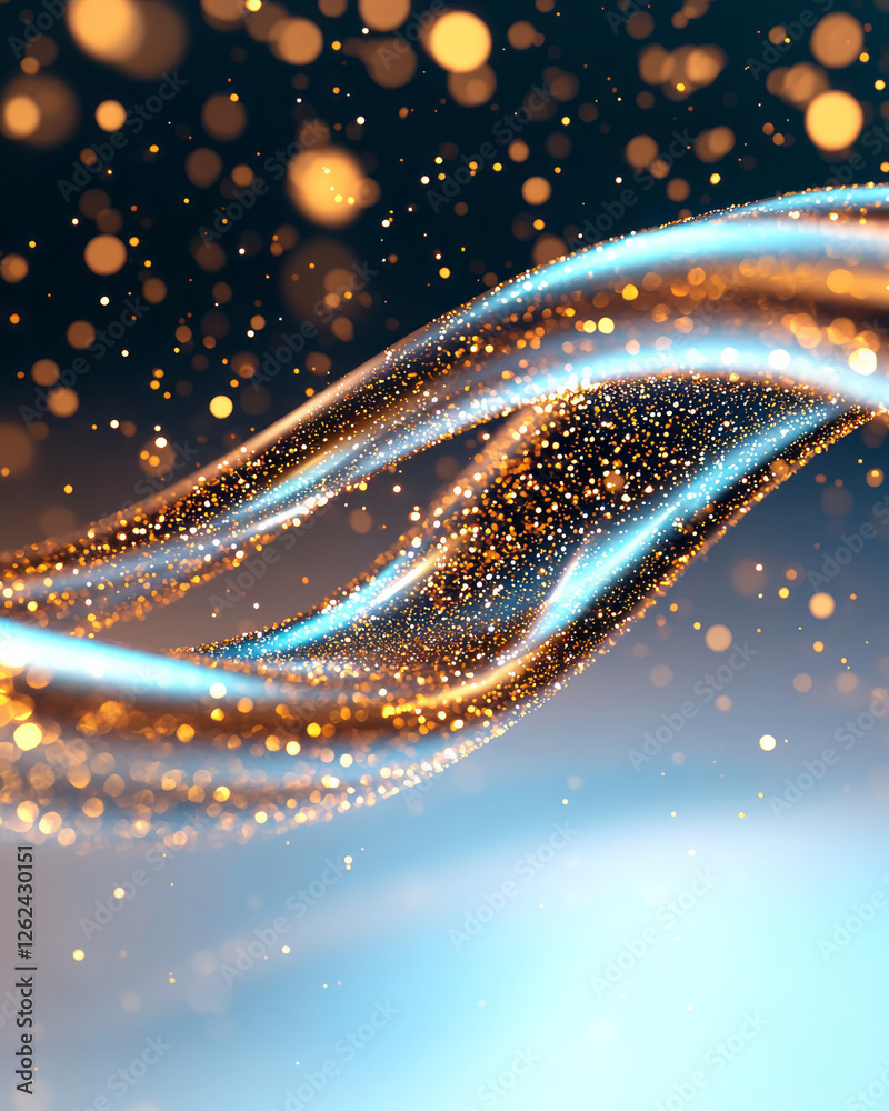 Poster a macro shot featuring a twisting dna structure with metallic golden sheen, specks of stardust-like