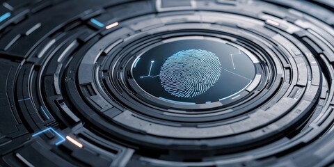 Criminal Law Restrictions concept. Digital fingerprint on a futuristic circular interface.
