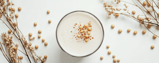 frothy glass of soy milk surrounded by dried flowers and soybeans creates serene and artistic composition. delicate arrangement evokes sense of calm and natural beauty