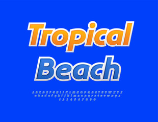 Vector Travel flyer Tropical Beach. Blue Sticker Font. Trendy Digital Alphabet Letters and Numbers set.