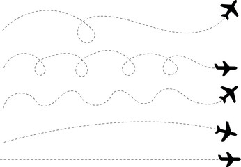 A set of airplane silhouettes with dotted flight paths, representing travel routes and aviation movement. Perfect for flight-related designs, trip planning concepts, and air travel graphics