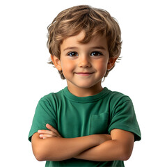 Confident young boy with a warm smile on transparent backdrop