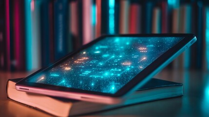 Digital Tablet Displaying Educational Content on a Book Surrounded by Books