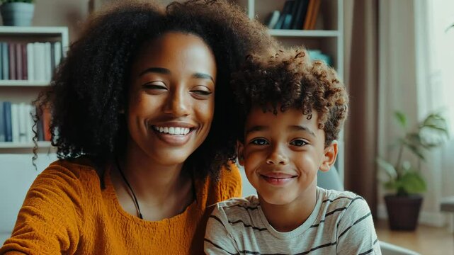 African mother and son smiling on camera - Mom and child at home - Family love and tender concept - Models by AI generative