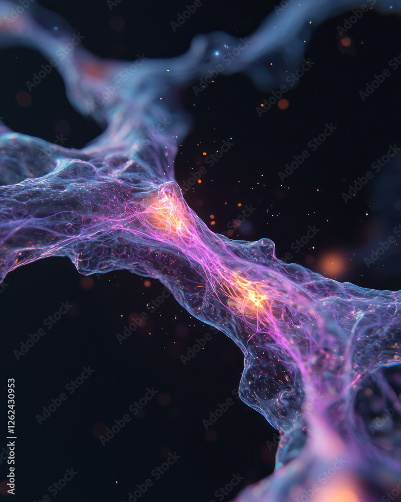 Poster a microscopic vista of evolving molecules, each node radiating a faint light as fluid-like