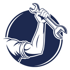 Labor Day. Strong Arm Flexing with Wrench - Vector Graphic USA work tool power skill manly