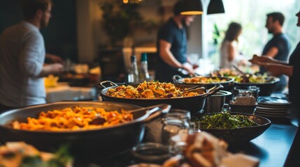 Group of Colleagues Sharing Information Over a Buffet Dinner
