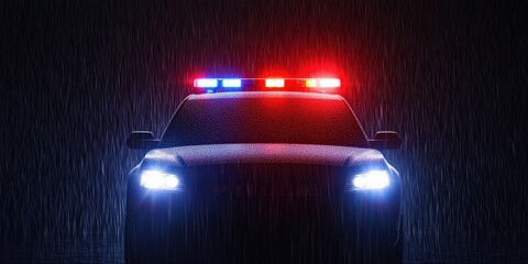 Criminal Law Restrictions concept. Police car with flashing lights in heavy rain at night.