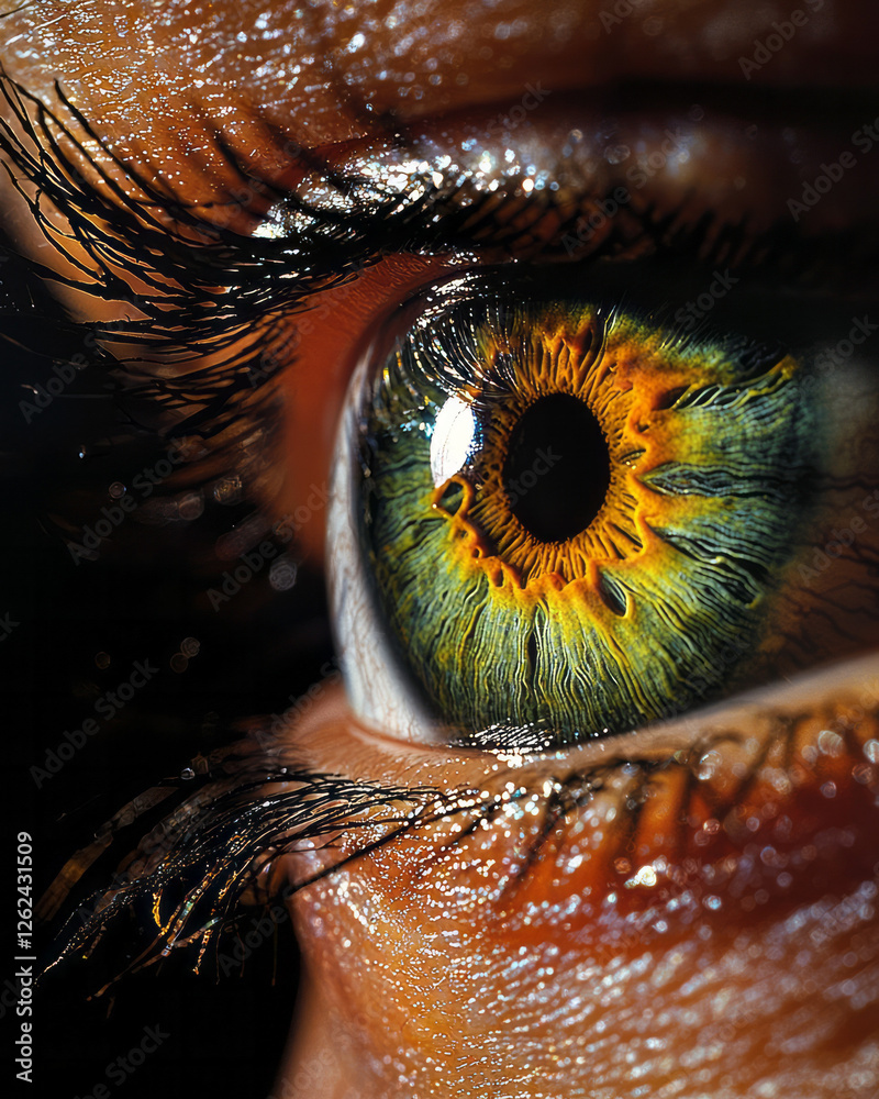 Poster a softly lit image highlighting the eyeâ€™s intense coloration, each vein and reflection visible,