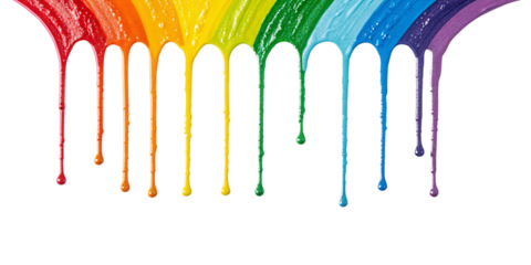A sweeping arch of rainbow-colored paint drips downward, blending fluidity with precision, evoking movement and creative expression, isolated on a transparent background
