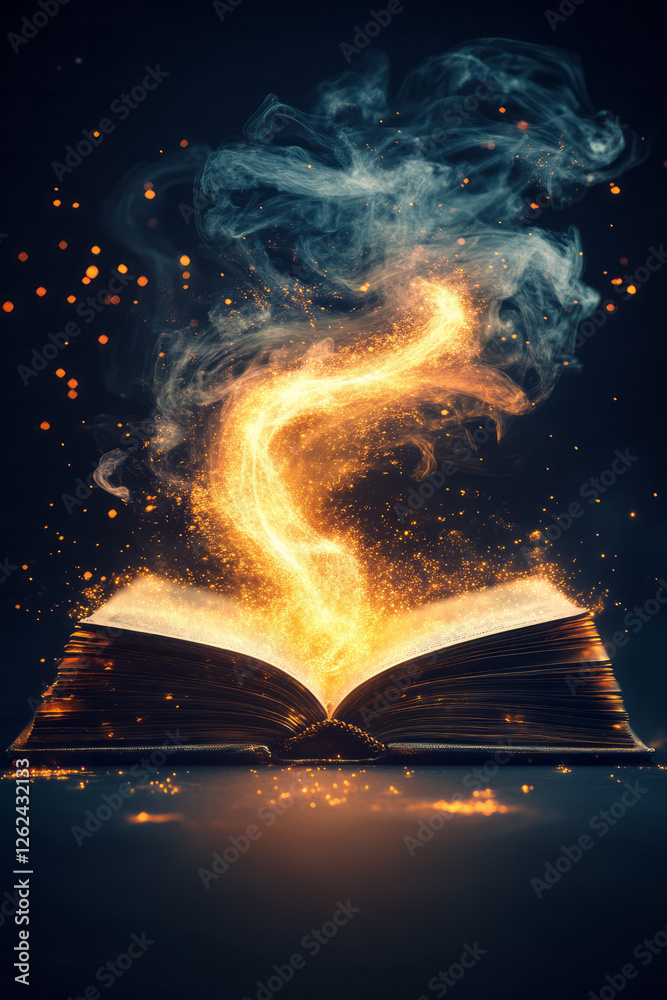 Aufkleber a dramatic scene showing magical wisps rising from an open book, each spark casting a gentle glow