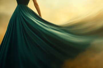 Naklejka premium Elegant figure in evening gown, backlit with soft rim light. Cinematic lighting, rich colors, and flowing fabric create a sophisticated, mysterious mood.