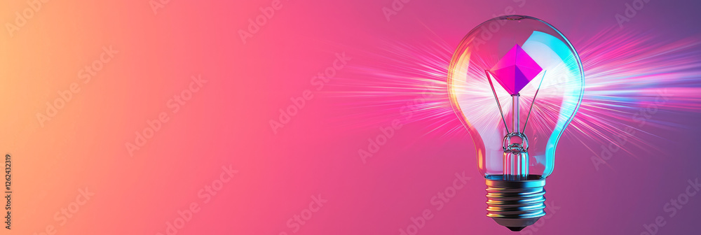Aufkleber a light bulb in mid-motion, with neon-hued cubes and pyramids snapping into place inside, rays of
