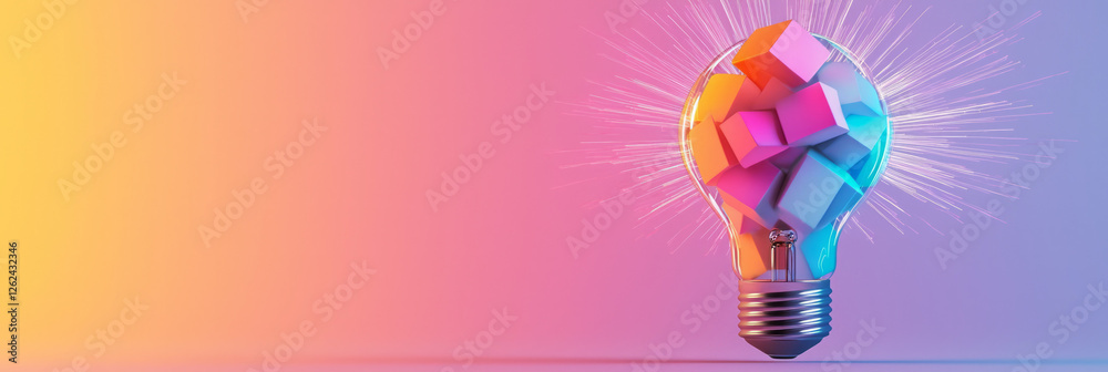 Aufkleber a light bulb in mid-motion, with neon-hued cubes and pyramids snapping into place inside, rays of