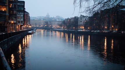 City river at dusk, calm water reflections, buildings in background.  Possible use Stock photo for cityscapes, travel, nature, or architecture