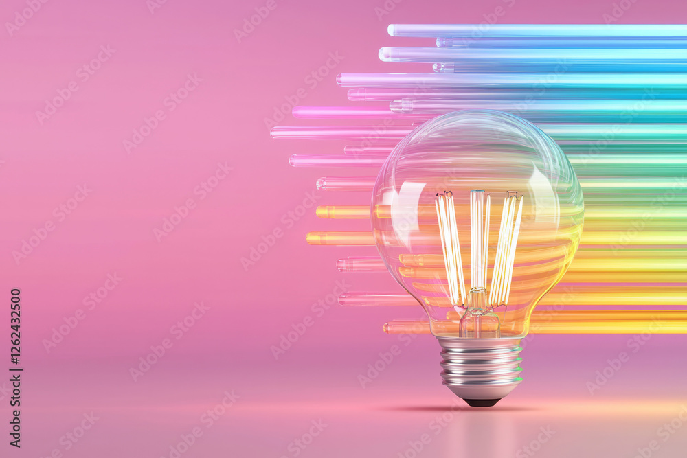 Aufkleber a hi-tech bulb crammed with floating prisms, their translucent colors generating layered, neon-like