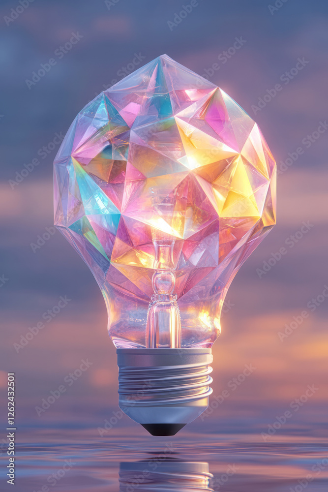 Fototapete a digital-styled image where cubes and triangles spin and mesh within a glowing bulb, casting