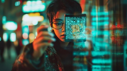 Person Scanning QR Code for Access to Online Resource in Urban Scene