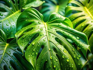 Obraz premium Sunlit Monstera Leaves with Glistening Raindrops - Elegant Nature Stock Photo