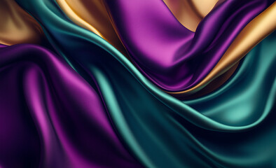 Obraz premium Abstract background with colorful silk and satin fabrics, a color palette of purple, teal, and gold, vector illustration, 3D render