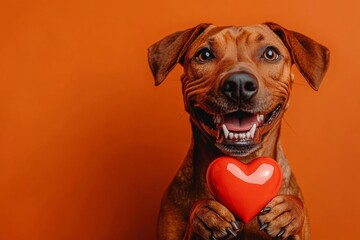 Ad campaign creative. Cute rhodesian ridgeback hound with diamond red heart - emblem of love, funny greeting card. Rhodesian ridgeback - my preferred dog. Valentine's love pets ideas.