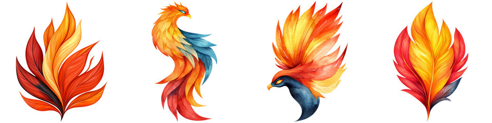 Obraz premium Manifest vision and watercolor, Vibrant, artistic representations of phoenix-like creatures adorned with fiery feathers in shades of orange, yellow, and blue.