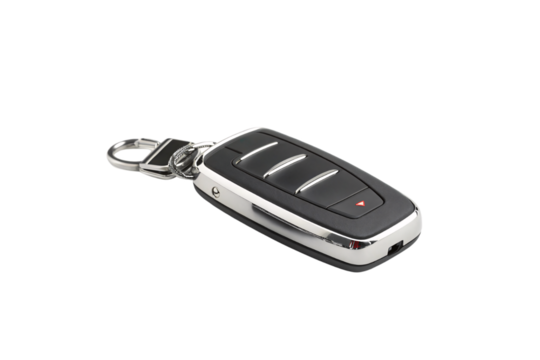 Luxury key fob with silver accents – Smooth, black, and glossy, featuring three parallel buttons with chrome lining, a red triangle button, isolated on a transparent background