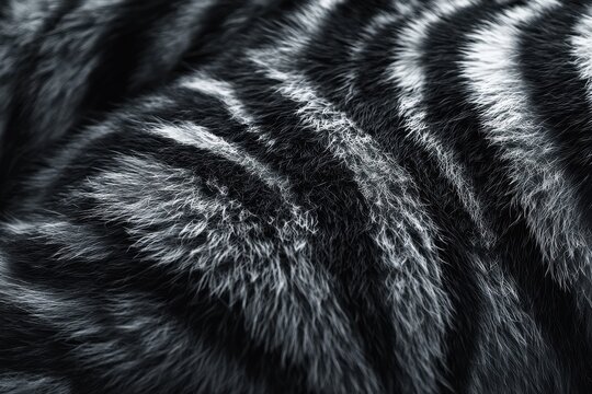 Close-up on the soft, striped fur of a tabby cat, featuring a stunning monochromatic color palette of black and white, creating a textured, abstract design.