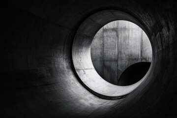 Dramatic monochrome view inside concrete tunnel, showcasing architectural design, texture, and play of light, creating an abstract industrial landscape and a captivating spatial composition.