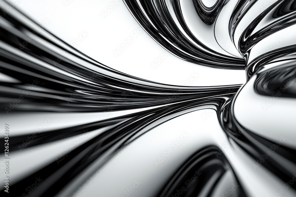 Poster abstract 3d render of smooth black chrome lines on a white background, creating a mesmerizing patter
