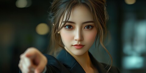 Confident young woman pointing directly with determination in a modern indoor setting during a bright evening