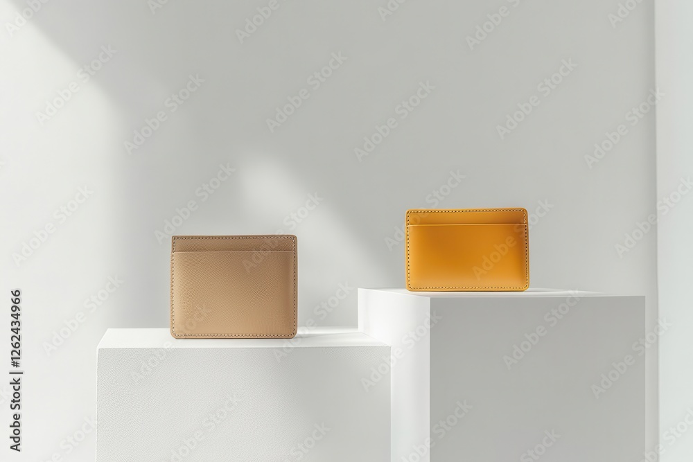 Poster Stylish leather wallets displayed on minimalist pedestals in a modern setting with soft lighting