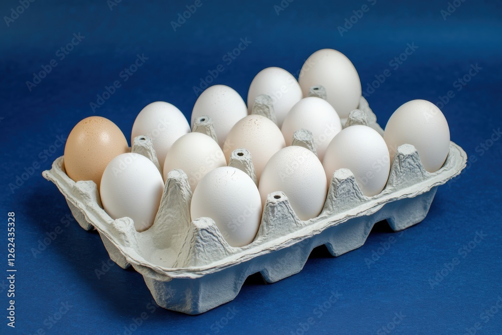 Poster fresh eggs arranged in a carton on a blue background showcasing their smooth surfaces and varying co