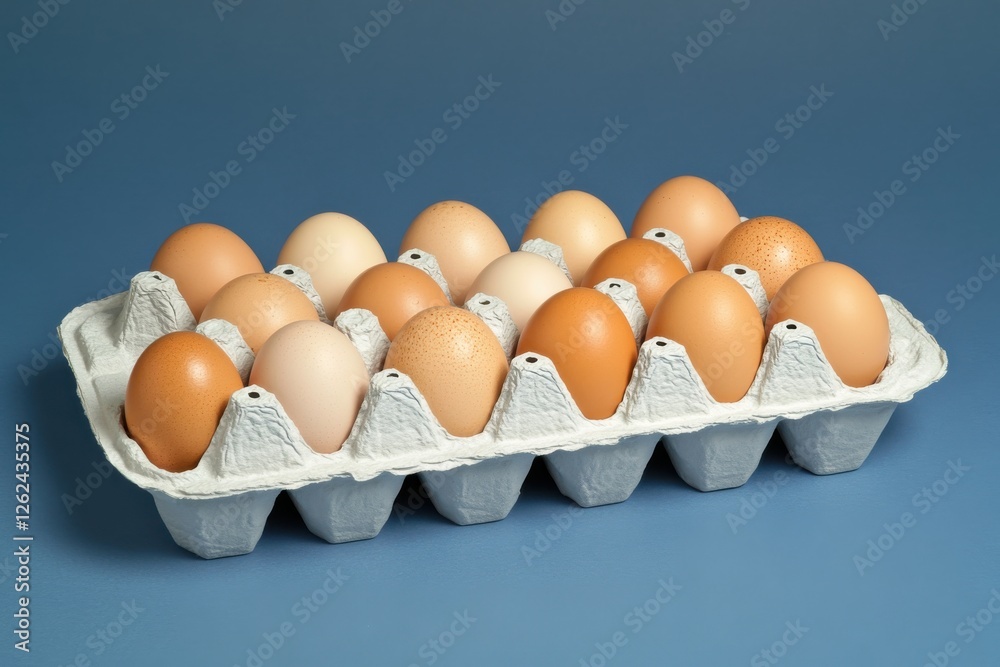 Poster variety of eggs arranged in a carton on a simple blue background in a kitchen setting with natural l
