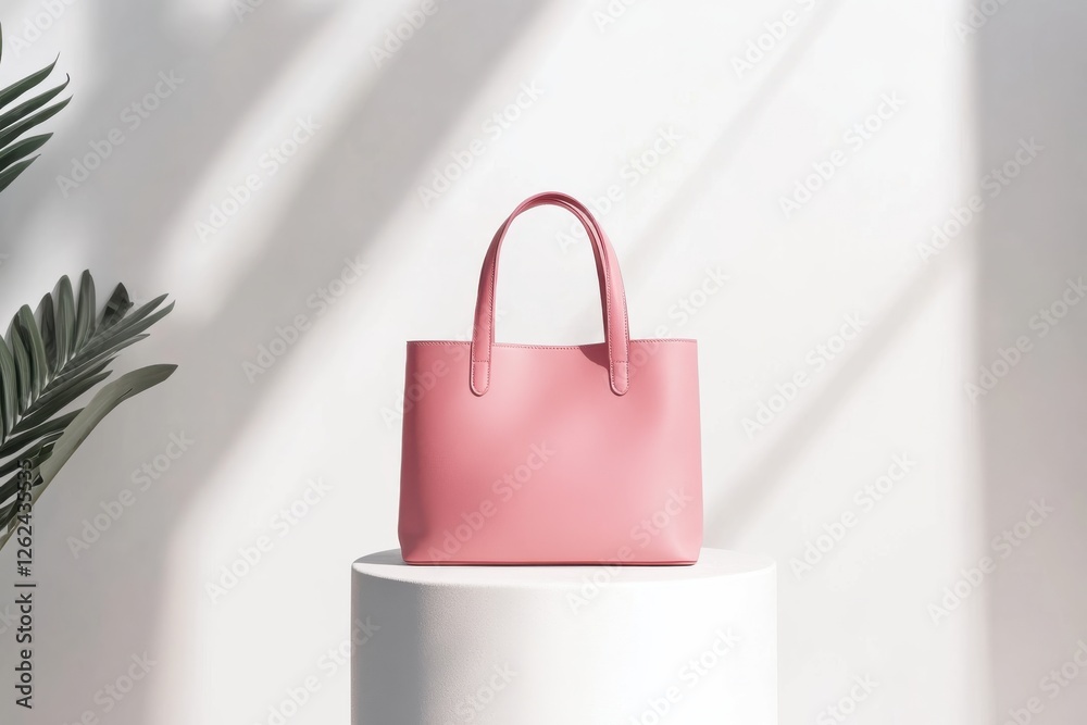Poster stylish pink handbag displayed on a pedestal with soft natural lighting and a minimalist background