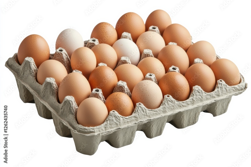 Poster fresh eggs in a carton arranged neatly showing various shades of brown and one white egg
