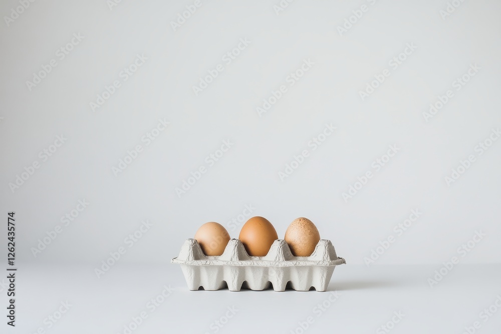 Poster brown eggs resting in a carton on a minimalistic white background