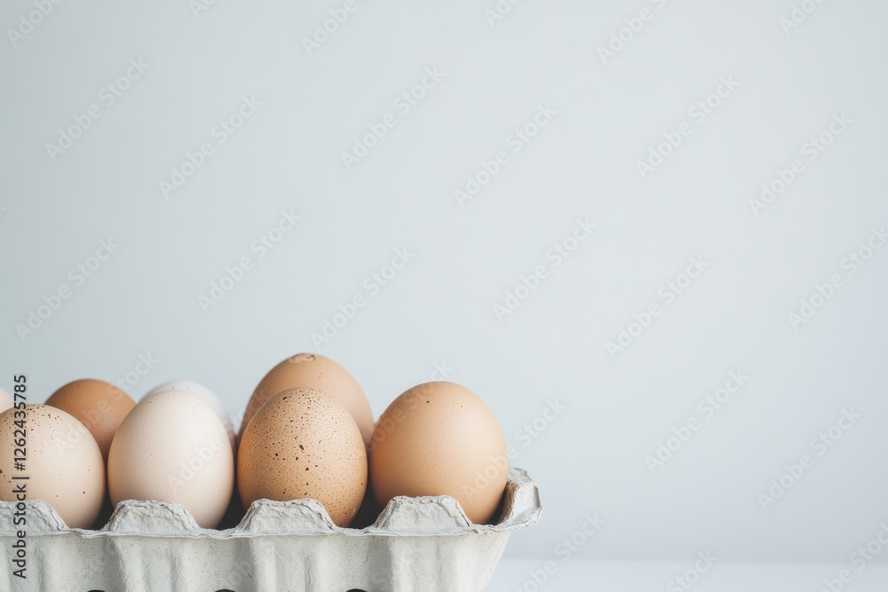 Poster eggs arranged neatly in a carton against a light background showcasing their natural colors and text