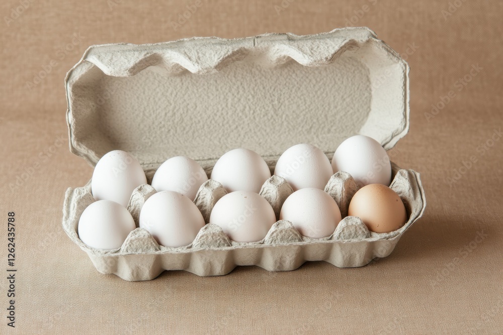Poster assorted eggs in a carton with a unique brown egg among white ones displayed on a neutral background