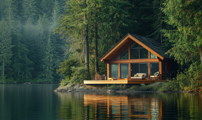 Fototapeta premium Serene lakeside cabin with expansive windows providing breathtaking views of tranquil water and nature