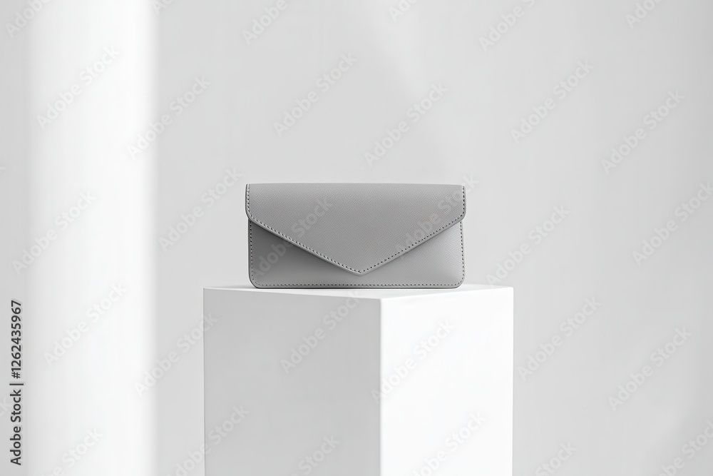 Poster Elegant gray wallet displayed on a minimalistic pedestal in a bright and airy setting