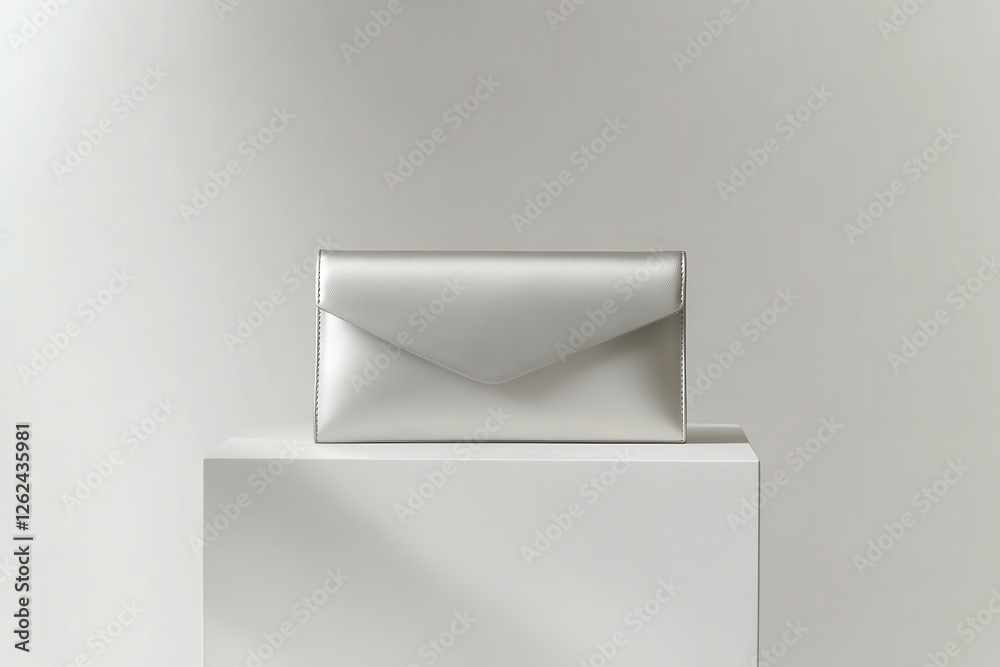 Poster modern silver envelope clutch displayed on a minimalist pedestal in a clean, bright studio setting