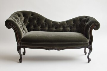 Dark Green Velvet Chaise Lounge with Ornate Woodwork