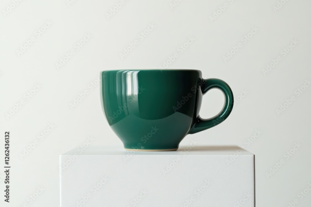Poster Ceramic green cup placed on a white pedestal against a plain background in a minimalistic setting