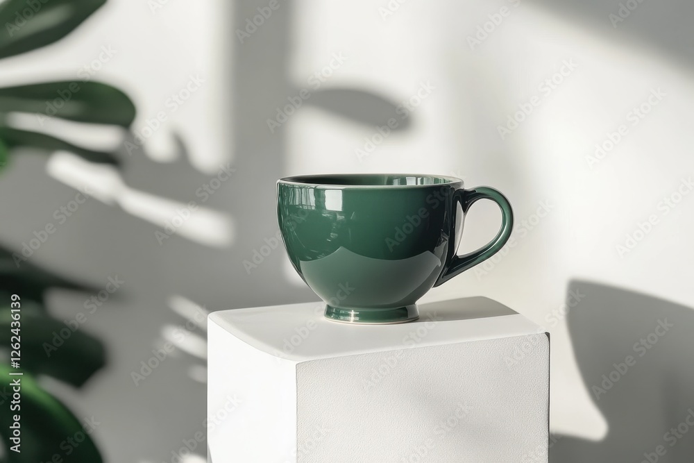 Poster green ceramic cup placed on a pedestal with soft light illuminating the scene in a minimalistic inte