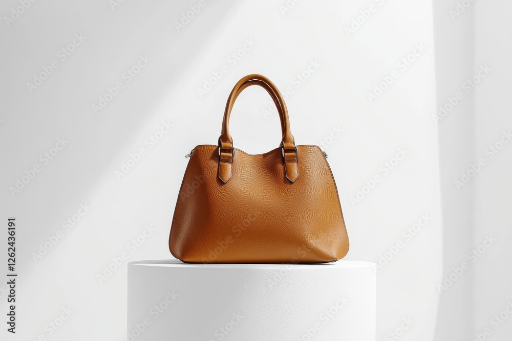 Poster elegant brown handbag displayed on a pedestal in bright, minimalistic setting with natural light